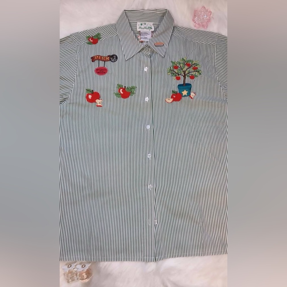 The Quacker Factory Green Stripes Embroidered Apples Button Up Shirt